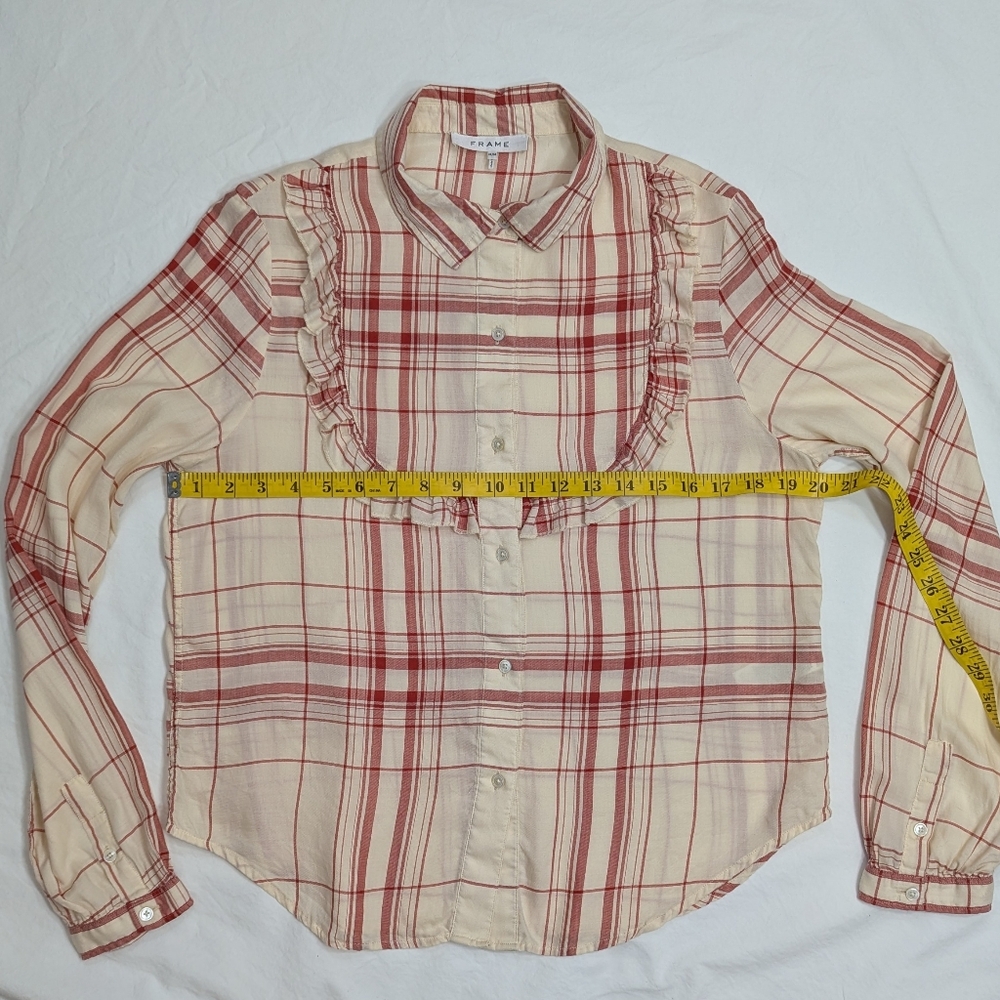 FRAME Plaid Ruffle Button‑Down Shirt Red/Cream Size M - Picture 9 of 10